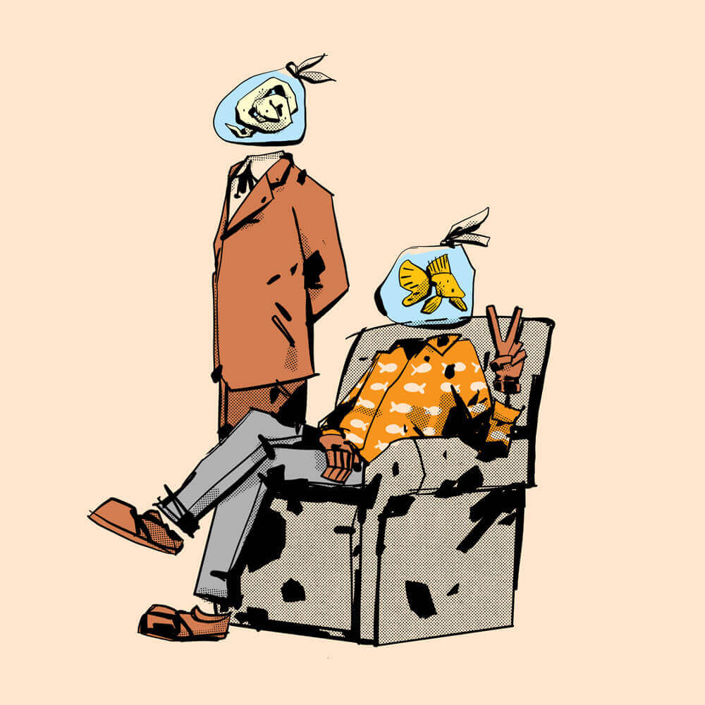 There are two figures. One is a wearing a brown tweed suit and has an eel in a plastic bag with water for a head. The other is sitting in a recliner, wearing an orange shirt and slacks, has their legs crossed, and is giving a peace to the viewer. The sitted figure has a goldfish in a plastic bag as a head.