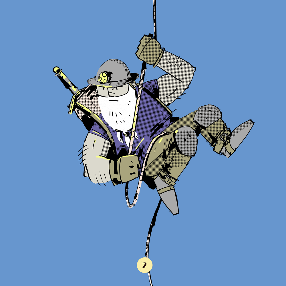 A dwarf lowering himself on a rope. He's wearing miner's hat and has a knapsack with a sword inside of it on.