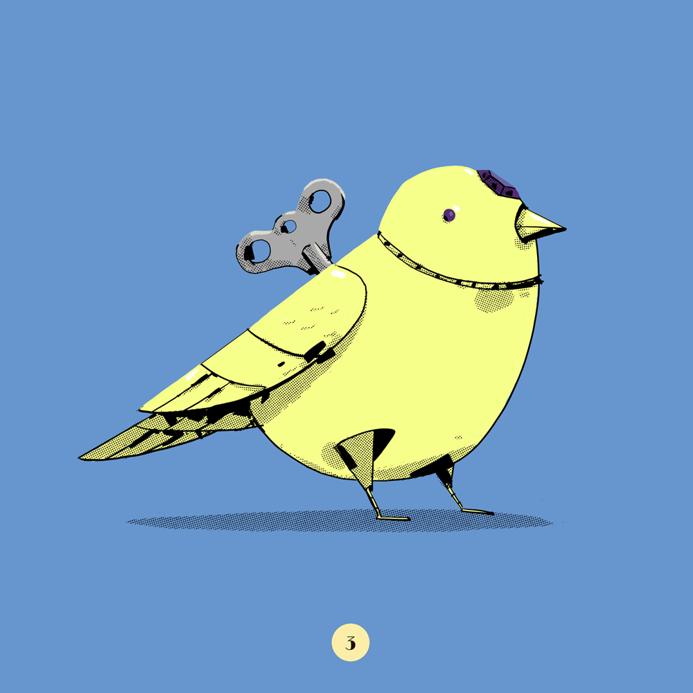 A mechanical golden bird with a wind up key on its back.