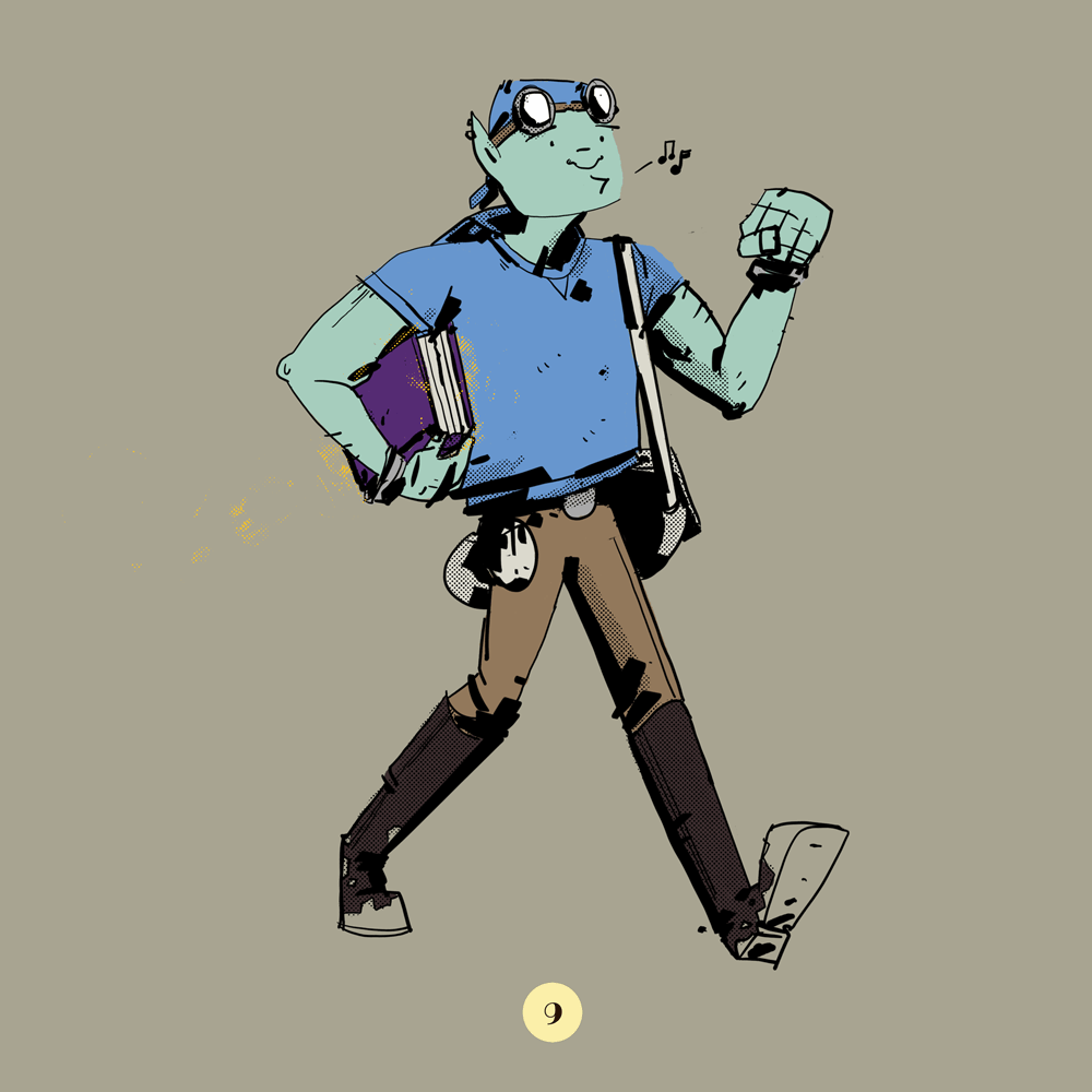 A half-orc strutting along whistling. He is carrying a purple glowing book under his arm.