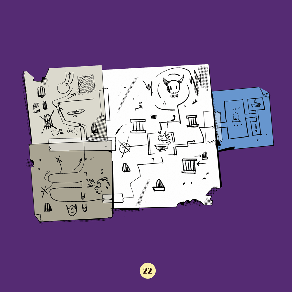 A map of a dungeon made up of taped together Post-it notes and paper pieces. The map looks like it was drawn with a Sharpie.