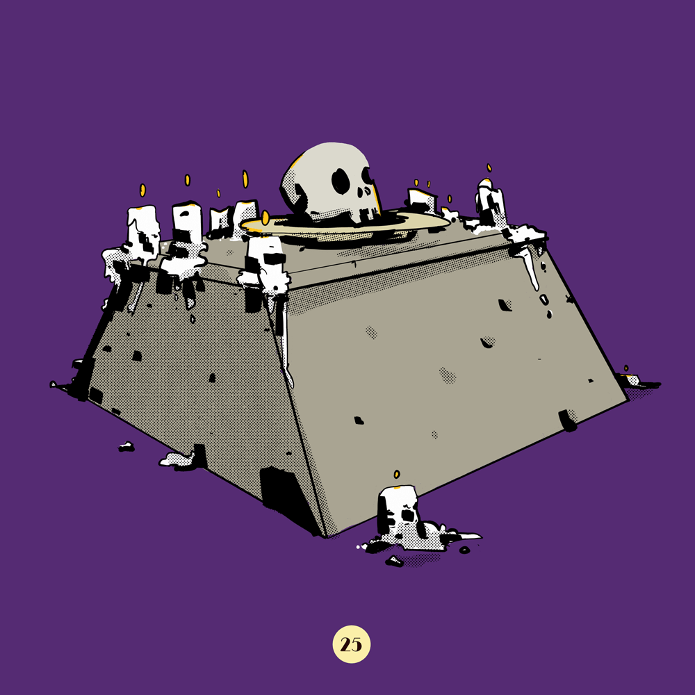 A trapazoidal stone block with a skull and candles on top of it.