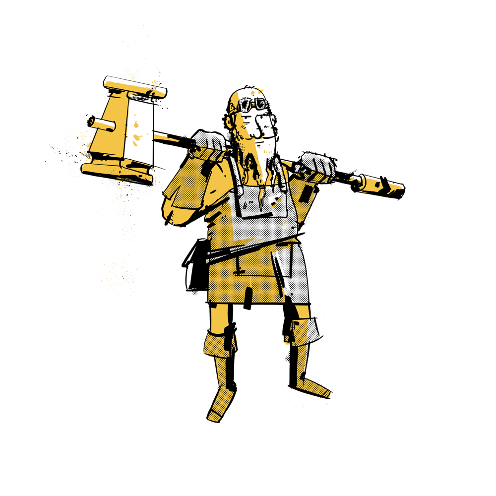 A dwarven blacksmith holds a large hammer on his shoulders.