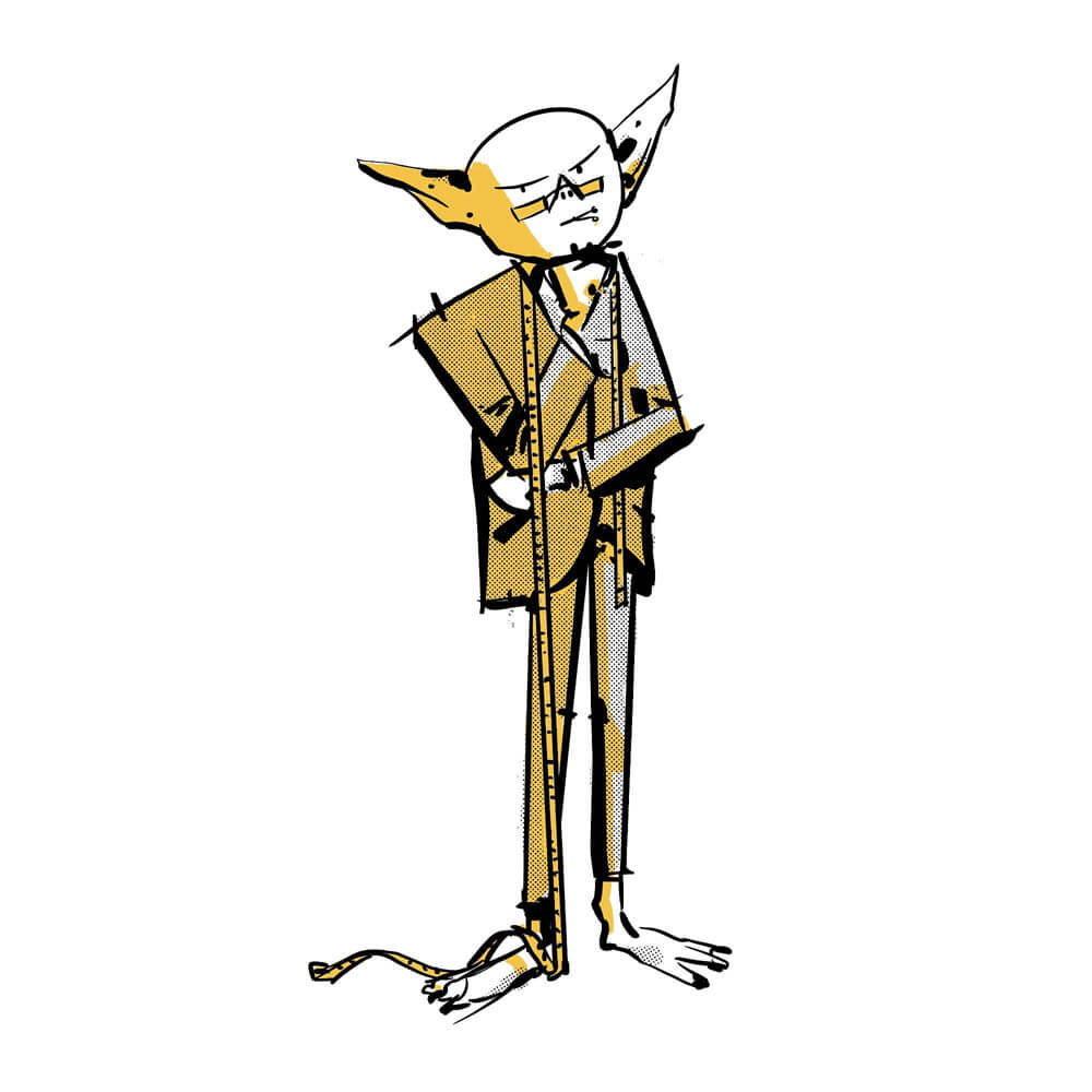A goblin dressed like Tim Gunn. He has a very long tape measure around his neck.