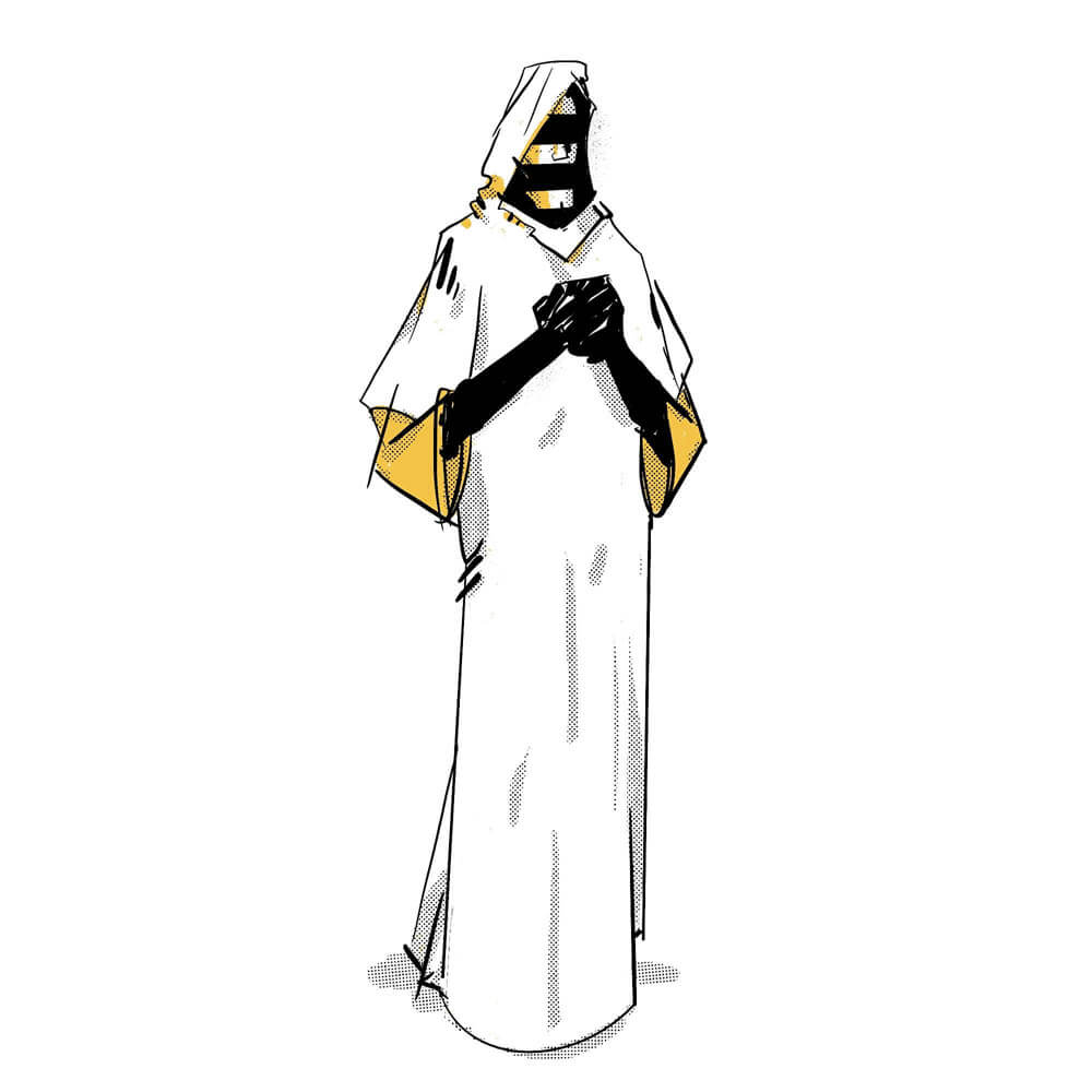 A figure in hooded, white robe. He has long black gloves and a black band around his eyes and mouth.
