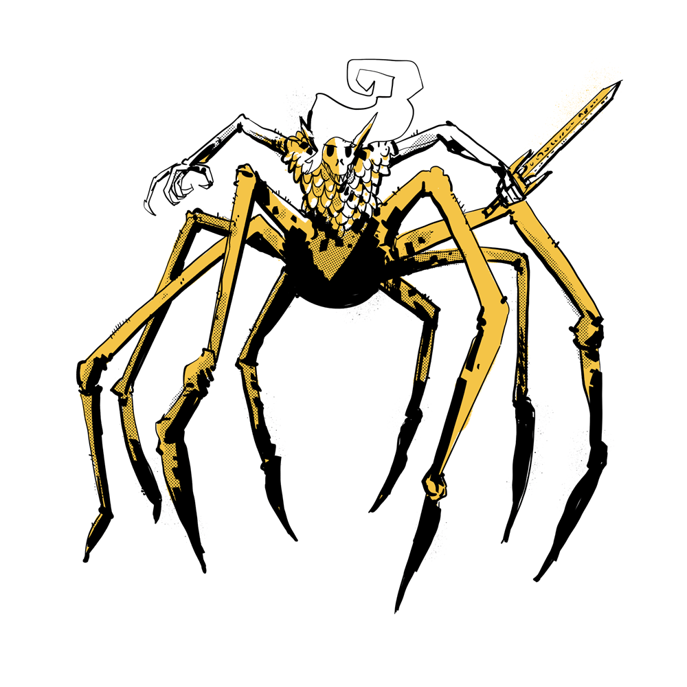 A large spider like creature that has the legs of a spider and the torso and head of an elf. It is holding a sword.