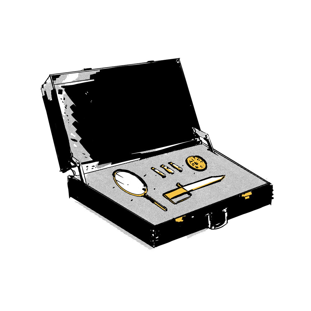 A briefcase holding a mirror, a knife with a fancy handle, three small bottles of salt, and a bottle of holy water.