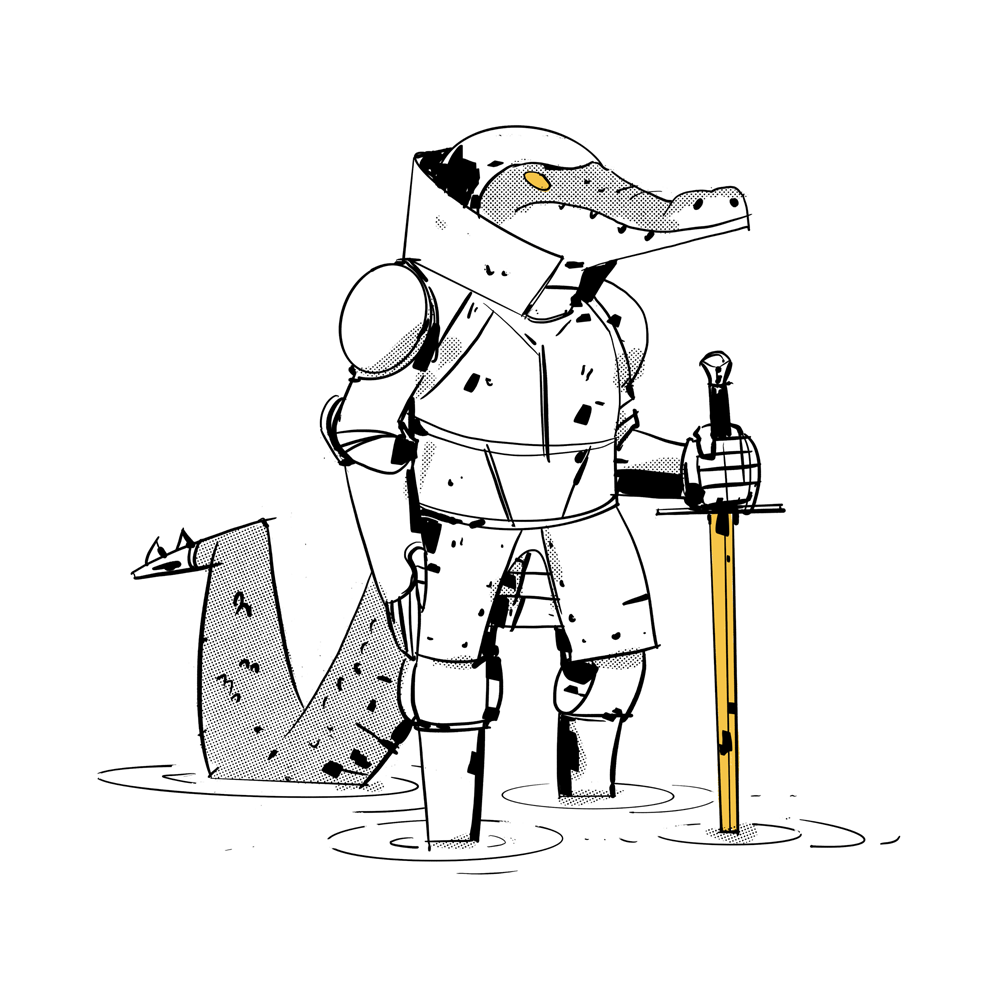 A humanoid alligator wearing full knight's armor. He's standing in ankle deep water.