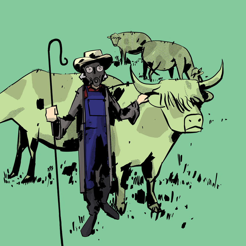 A farmer is wearing a gas mask and has their hand on a green steer.