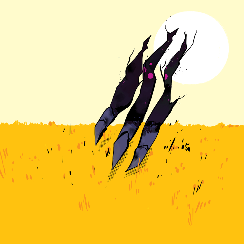 A claw tears through the sky over a golden field of wheat. The claw is purple with red eyes.