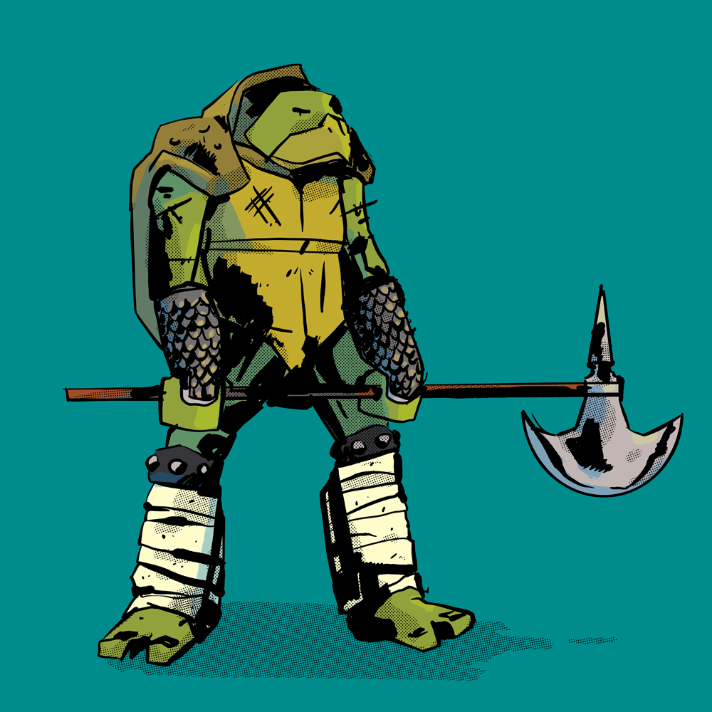 A humanoid turtle holds a large axe.