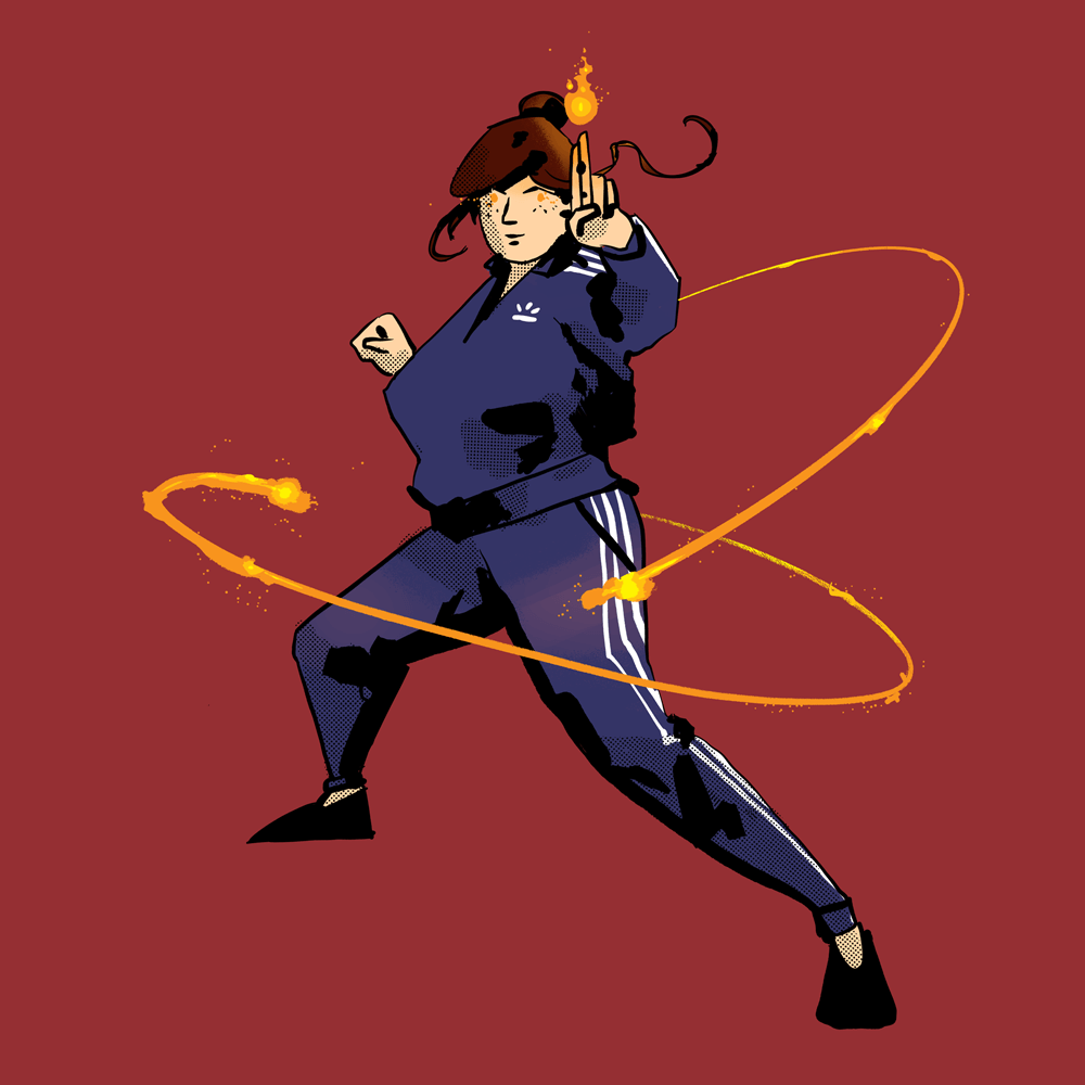 A woman in a purple Adidas jumpsuit stands in a karate stance. Small fireballs orbit around her and her eyes glow orange.