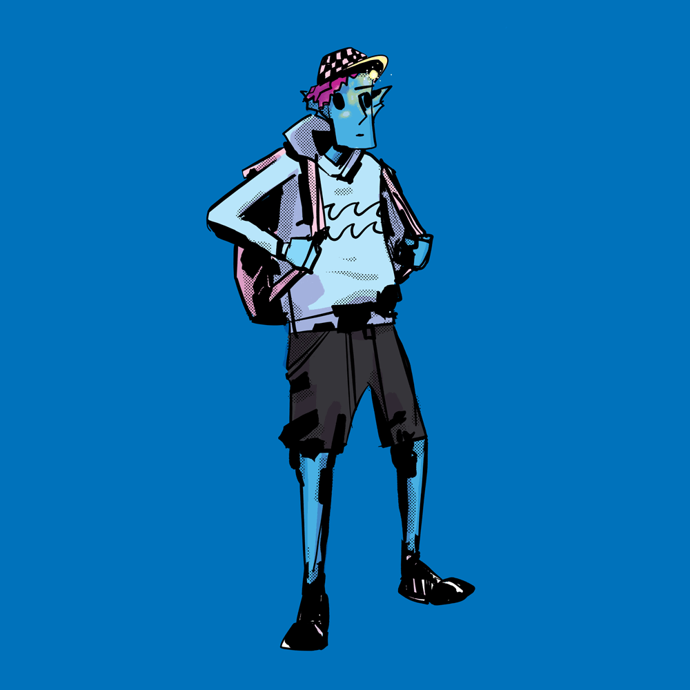 A young Genasi - a blue humanoid sea creature - is wearing a baseball cap, backpack, and other skater style clothes.