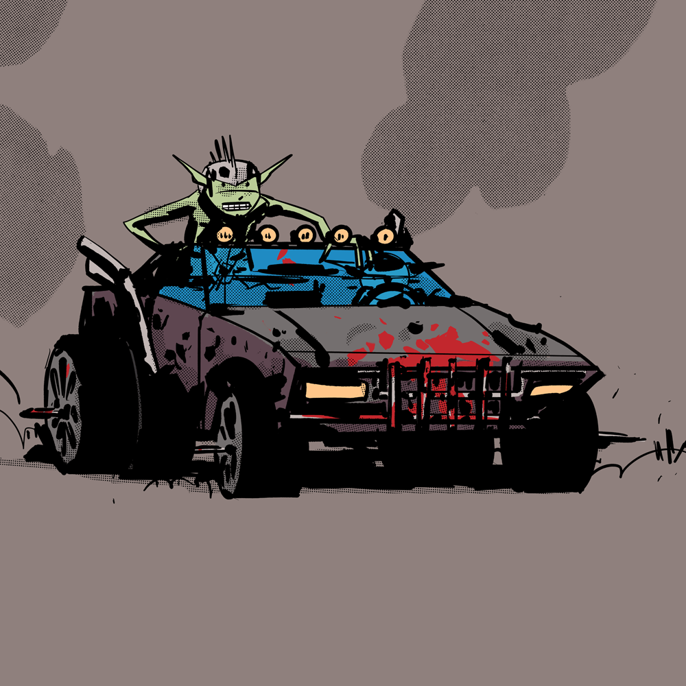 Two goblins are driving a hot rod covered in blood and spikes.
