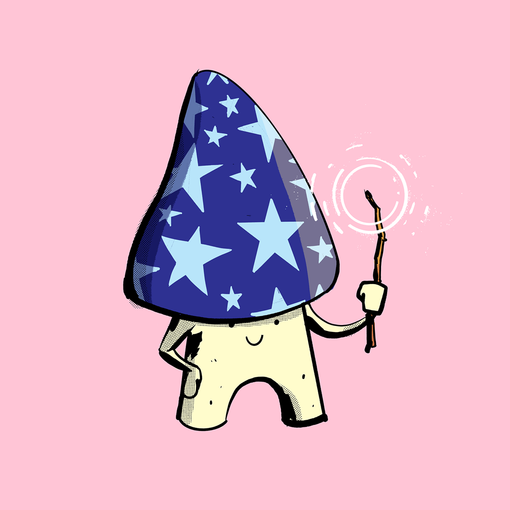 A small humanoid mushroom is holding a wand. The mushroom's cap is blue with white stars.