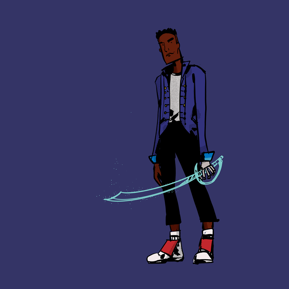 A Black teeange boy his holding a glowing cutlass. His hand is a skeleton's hand. He is wearing a pirate jacket.