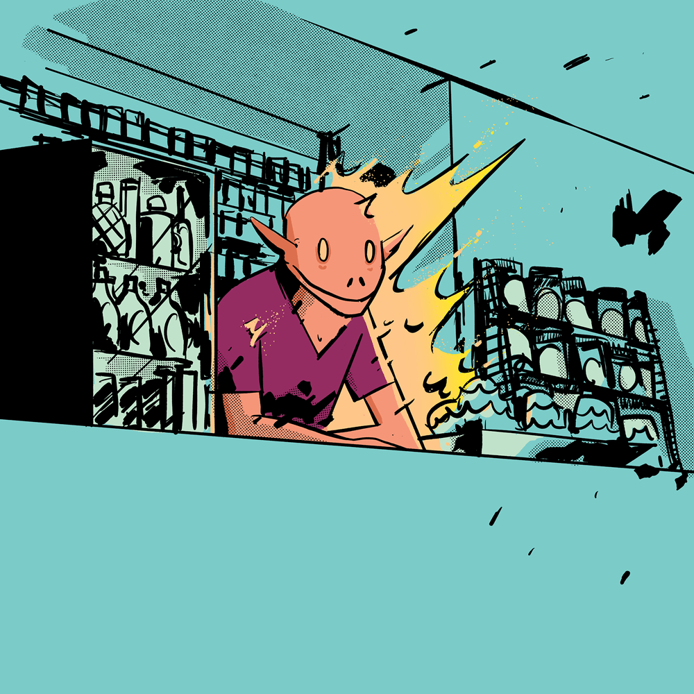 A humanoid lizard, that is eminating fire, is behind the counter of a bodega.