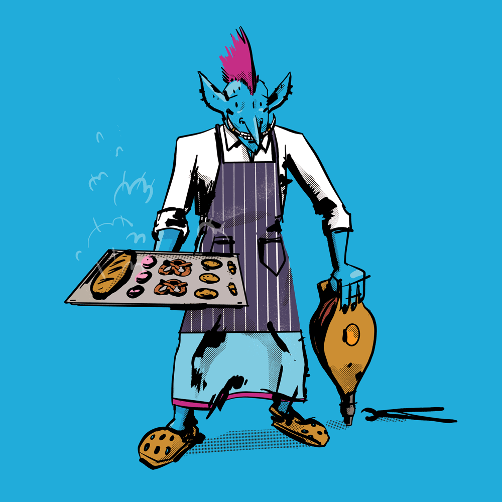 A blue troll is wearing an apron and holding a tray with fresh bread on it. In its left hand is a bellows. The troll is smiling and has a pink mohawk.