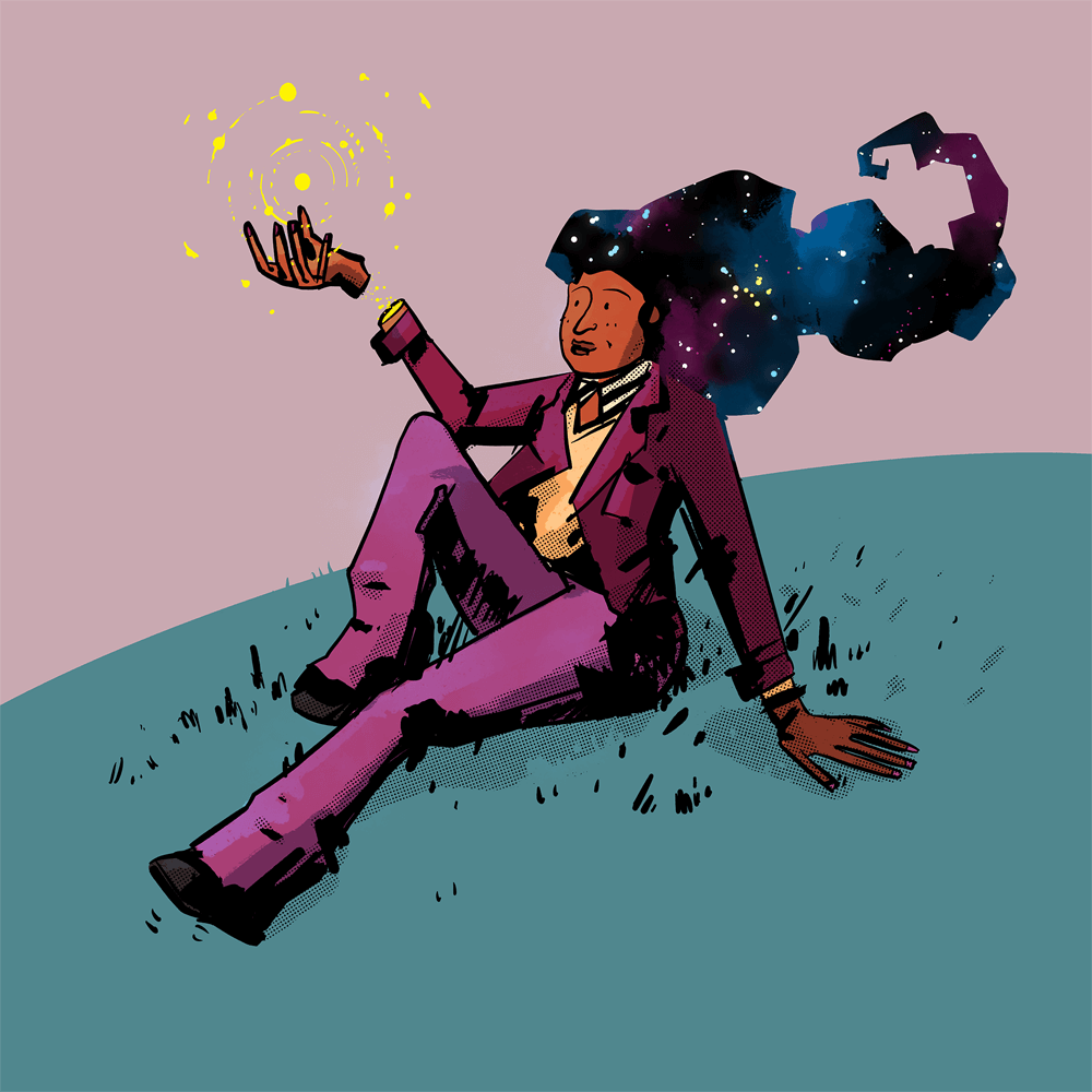 A black woman with long hair is relaxed and sitting on a green hill. Her hair is made up of stars and galaxies. Her right hand is detached at the wrist and floating in front of her. Above the floating hand are yellow cocentric circles.