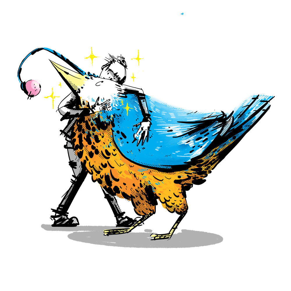 A 20-something woman hugging a large Parakeet.
