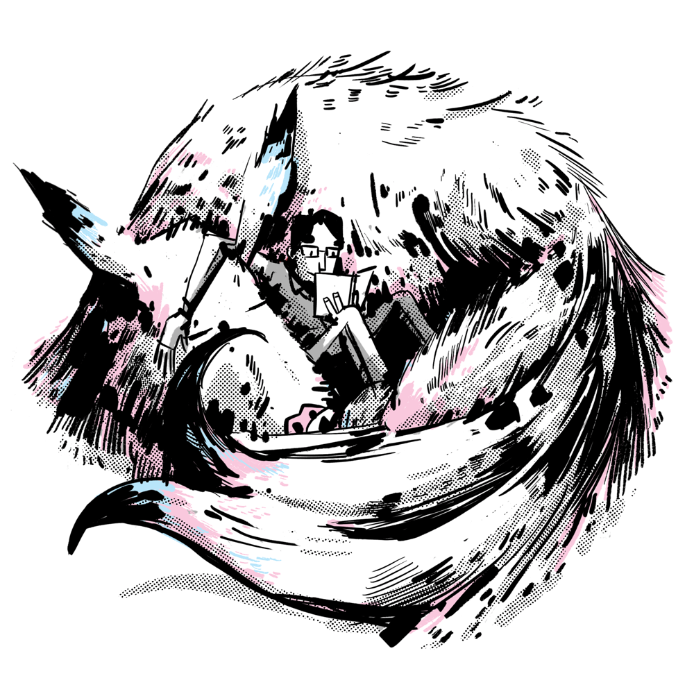 An Indian teenager is reading a book. Curled around him is a large fox like creature that has two tails.