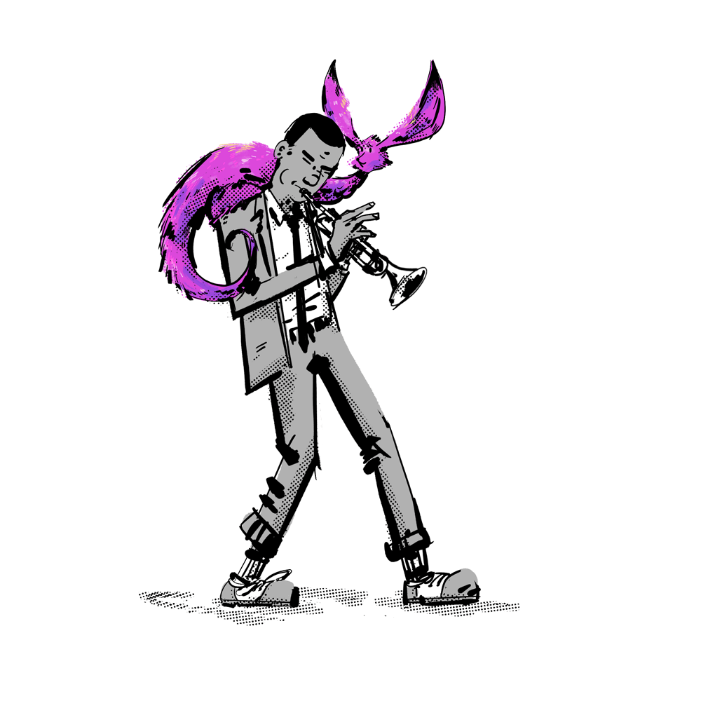 A 30-something Black male trumpet player is playing his heart out. On his shoulder is a small Fennic fox like creature that is bright pink.
