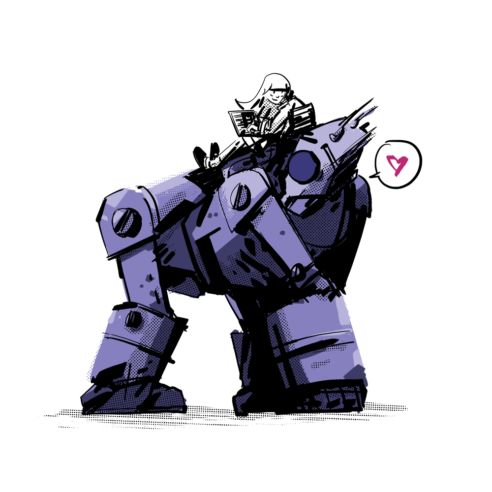 A large, purple gorilla-like robot is looking up at the tween girl drawing on a tablet while sitting on his back. A little heart is in a speech balloon coming from 4d2's head.