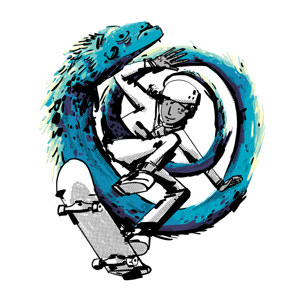A tween, Black skateboarding girl is performing a trick through her Chinese dragon styled familiar. The familiar is looping around her and smiling.
