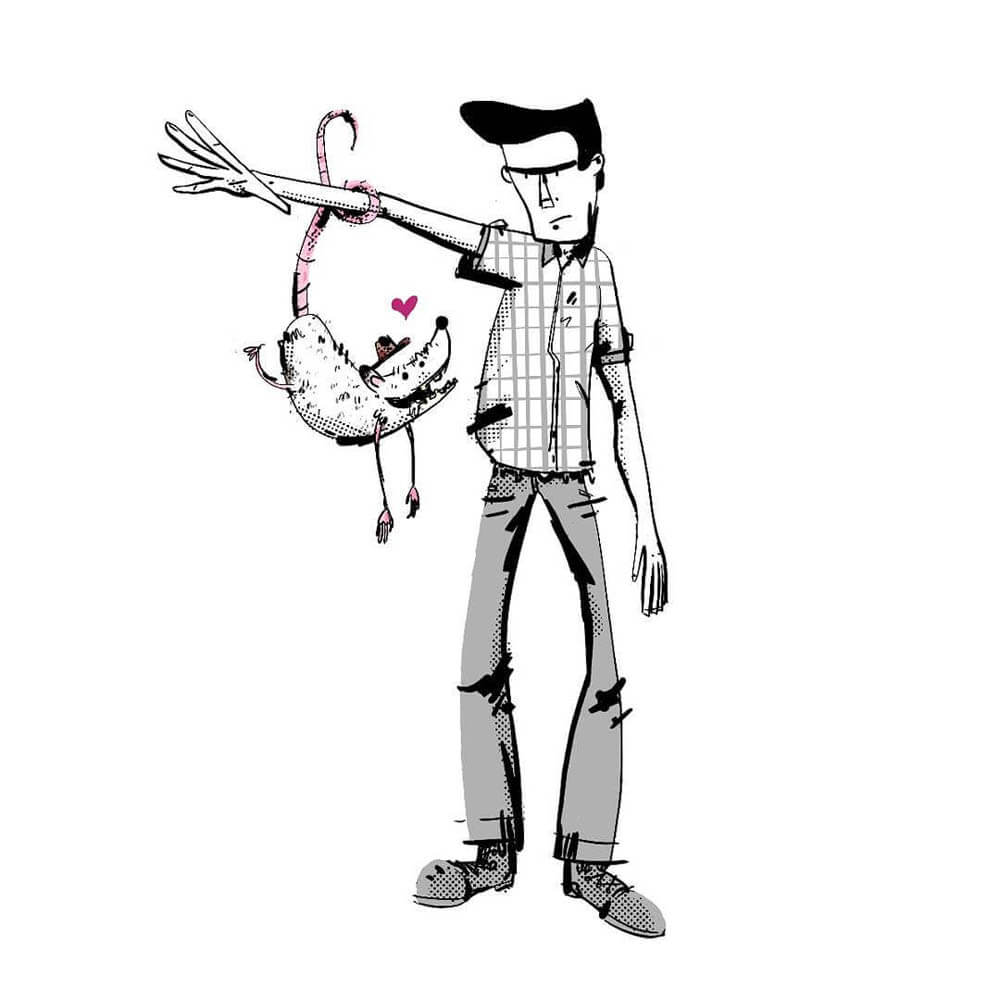 A rockbilly late 30s white man holds his right arm out. Hanging from his arm is possum that looks up and him lovingly. There is a heart above the possum's head.