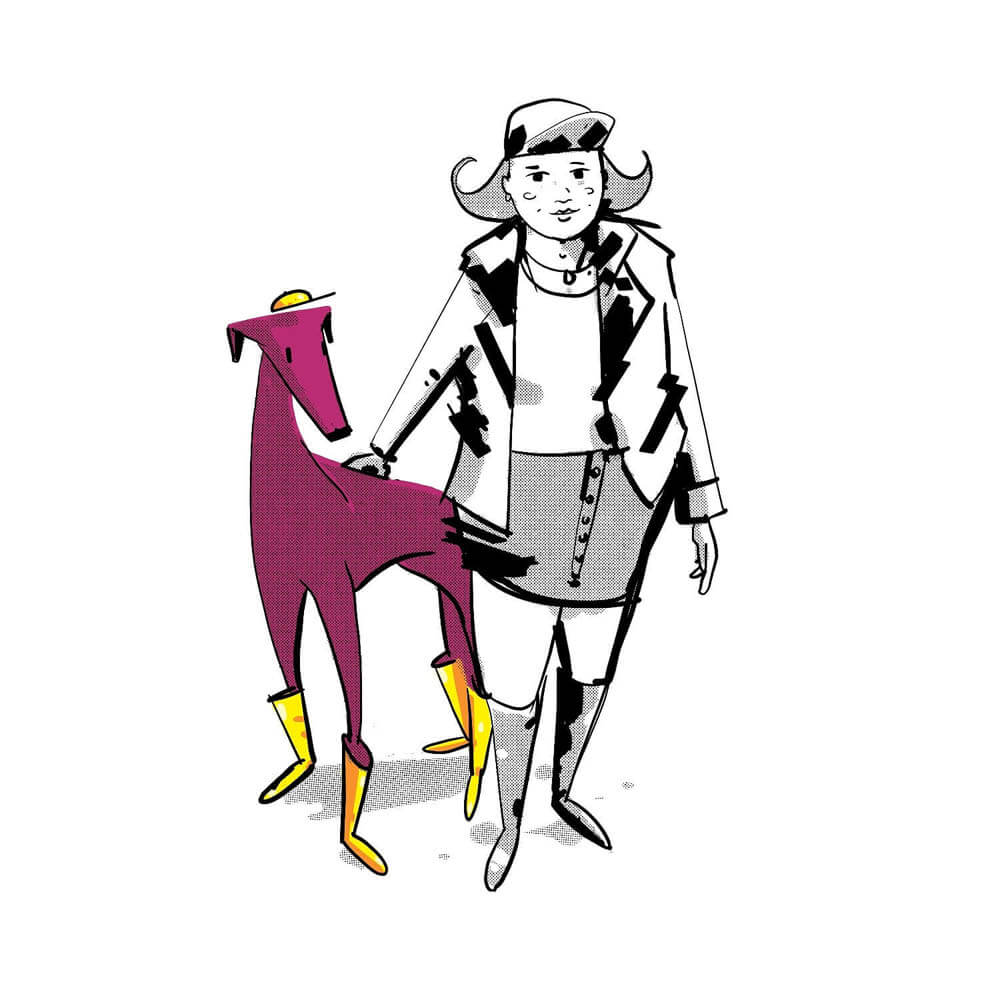 A large, pink greyhound is wearing yellow boots and a ballcap. Next to her is a white woman with a matching hat, and a fashionable mini skirt based outfit.