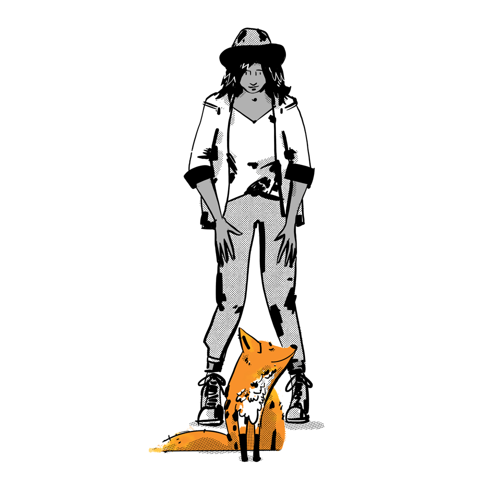A South Asian woman, wearing a wide brimmed hat, is looking down at her fox friend.