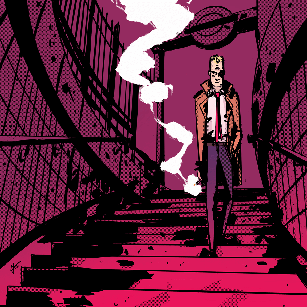 John Constantine walking down stairs to the Underground.