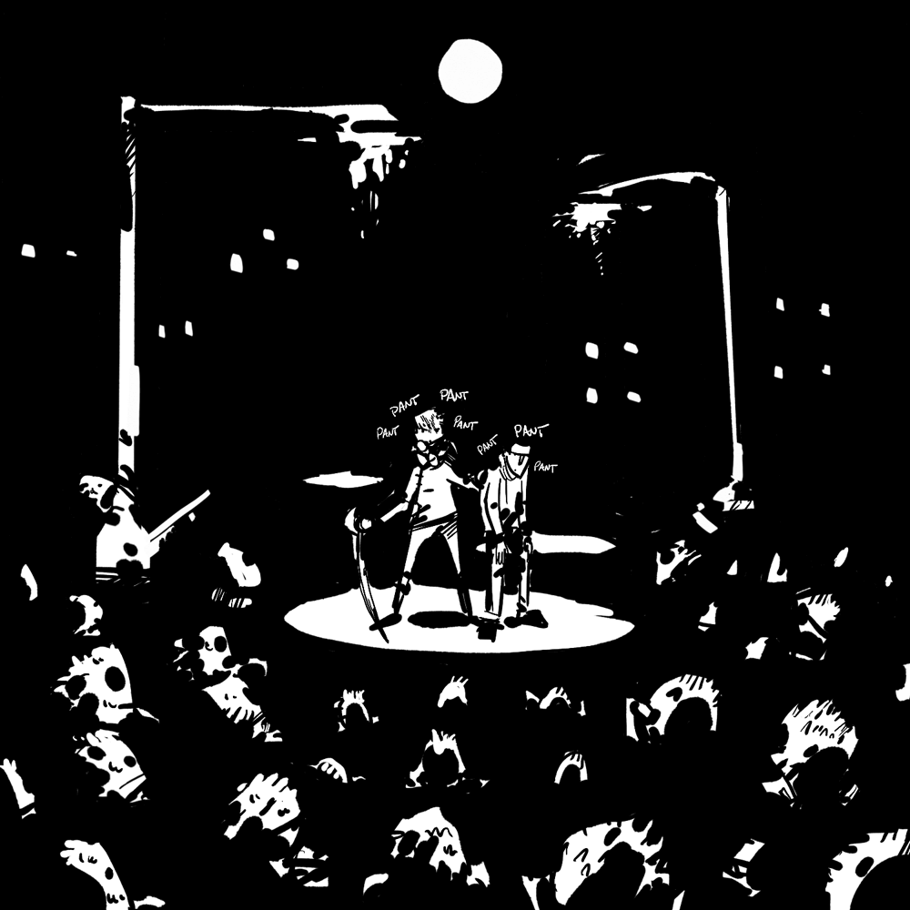 The man and the swordperson stop under a street light. They are surrounded by small, spikey monsters.