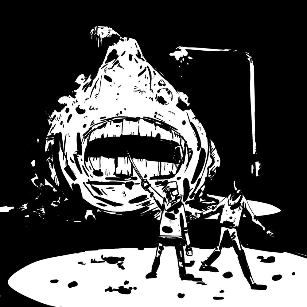 A bulbous monster with a mouth on its torso walks towards the swordsperson and the man.