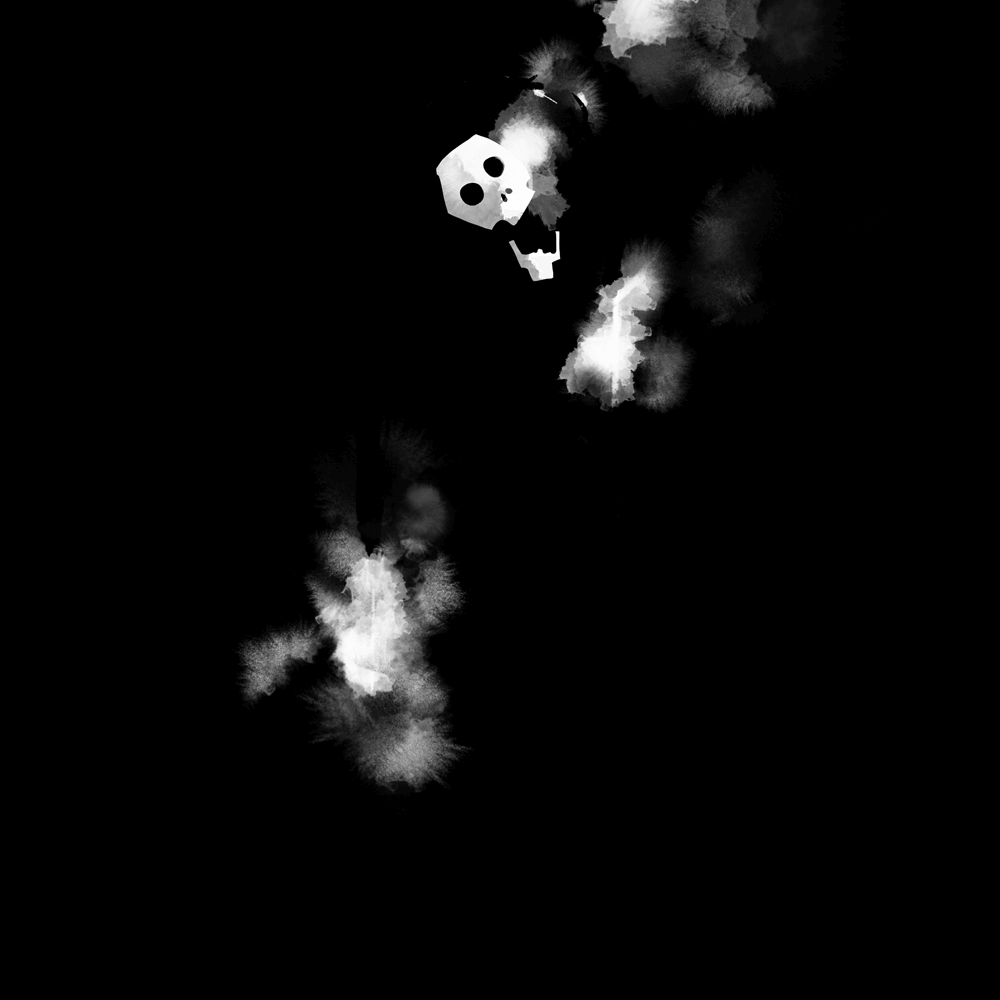 A skull floating in a dark area.