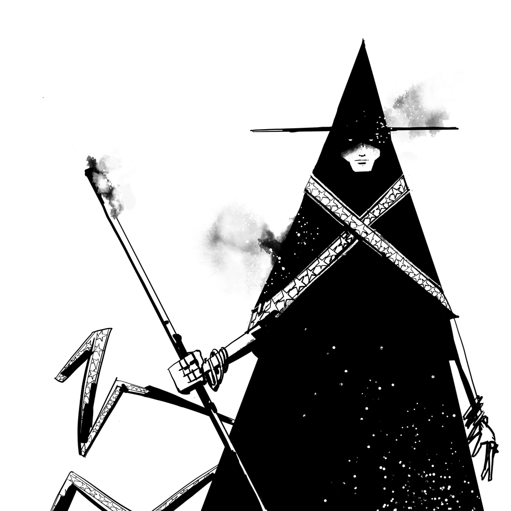 A wizard in a triangular robe and hat, holding a staff. Inside the dark clothes it looks like its filled with stars.
