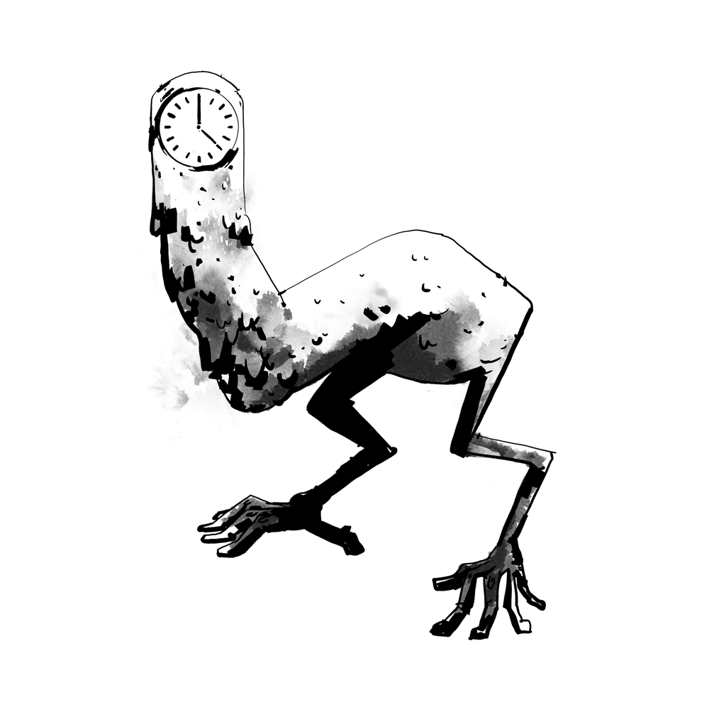 A ostrich-like creature made of flesh instead of feathers. Rather then a bird face it has a clock for a face.