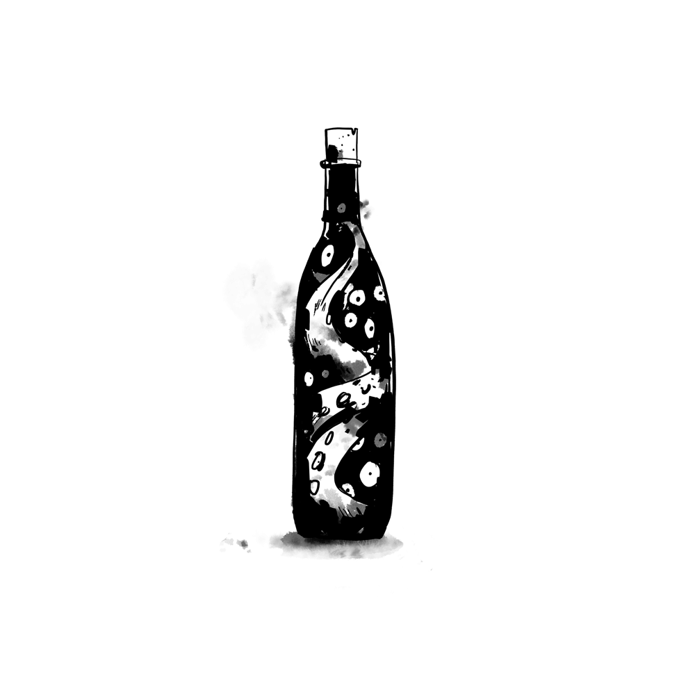 A small, corked bottle with eyes, tentacles and more floating in it.