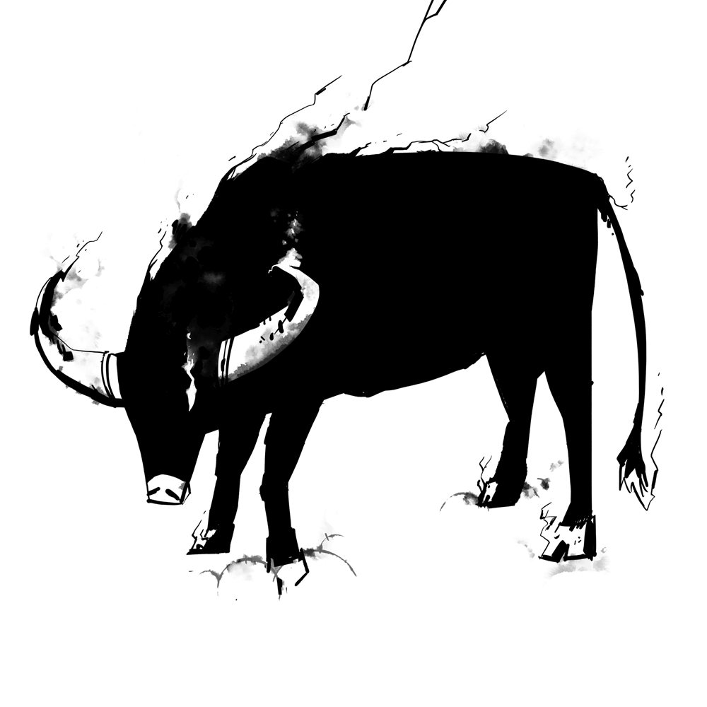 A large, black bull made of lightening.