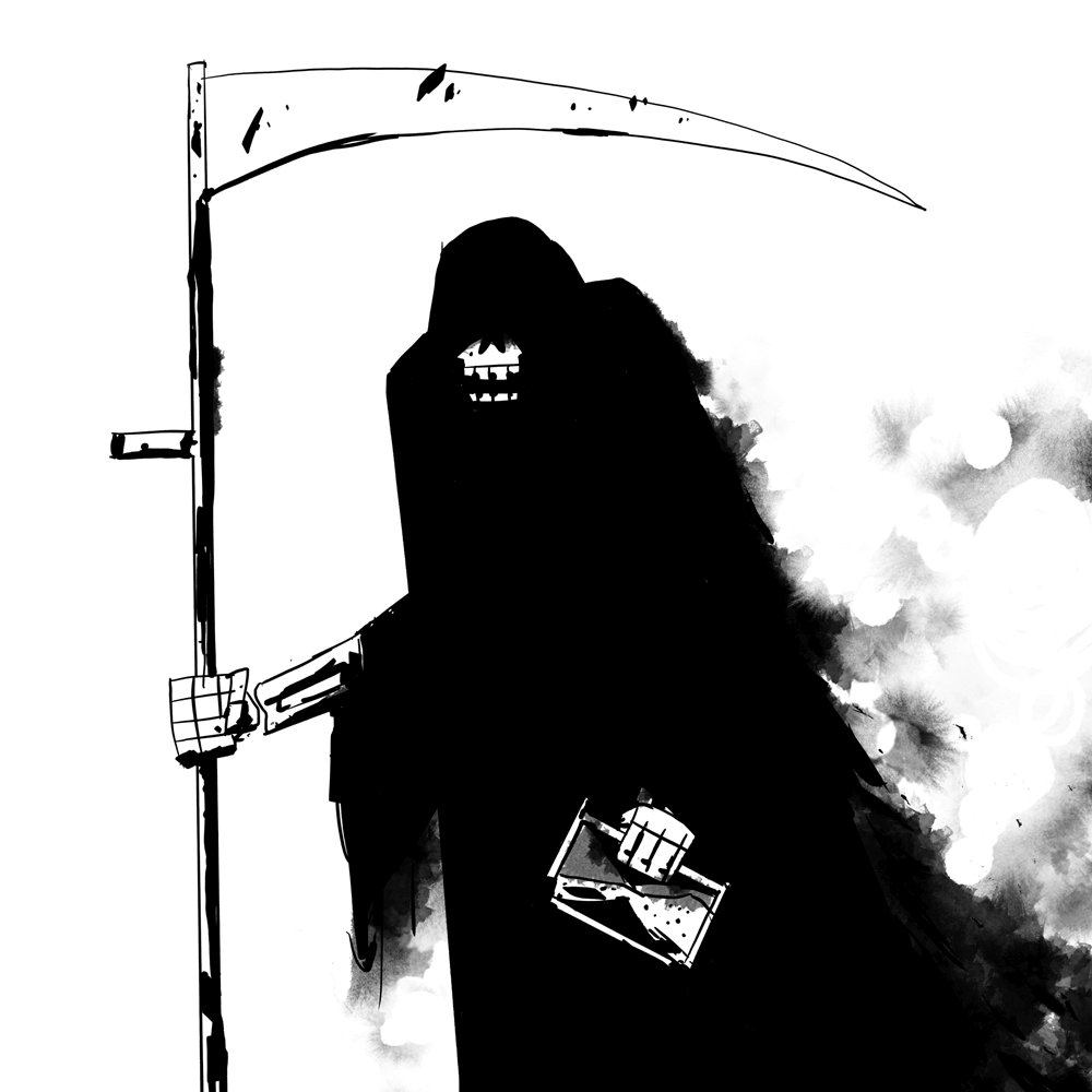The grim reaper holding its scythe and hourglass.