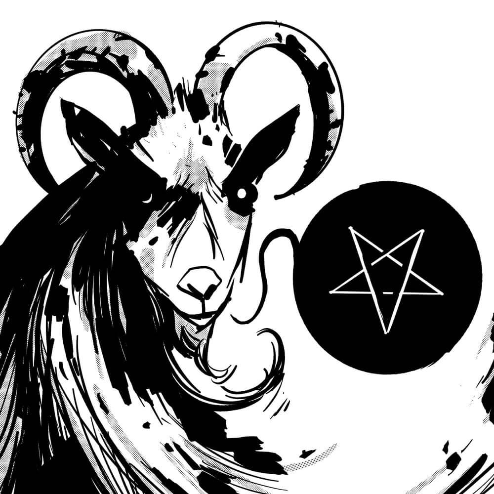 A goat with large curled horns. A black speech balloon with an pentagram in it is coming from it's mouth.
