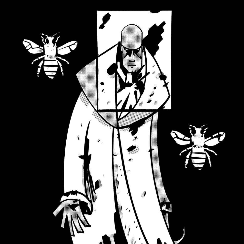 Tony Todd's character Candyman. He is wearing a heavy long, fur fringed cut and has a hook for a left hand. His face is framed with a mirror and two bees are in the shot as well.