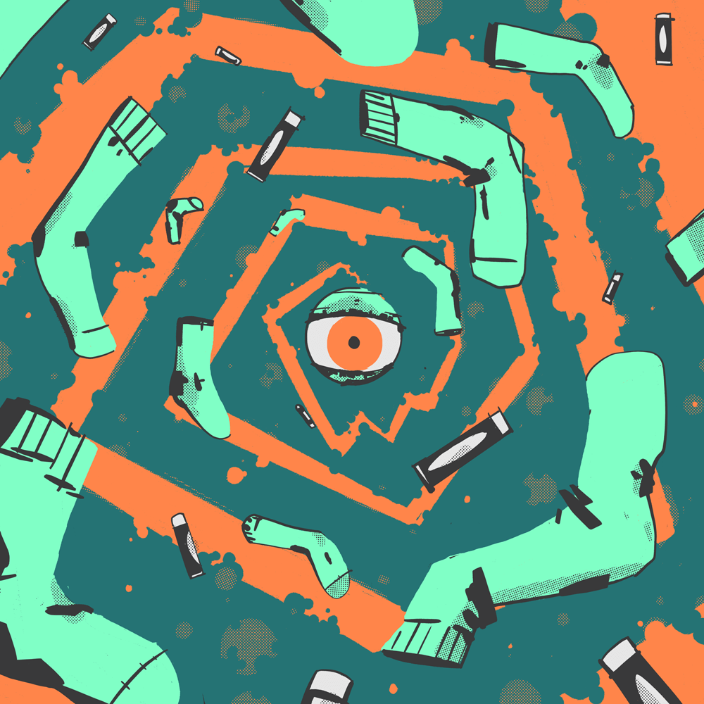A orange and green vortext of energy and socks. In the center of the vortex is an eye.