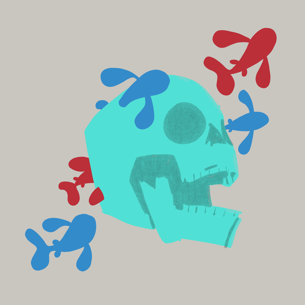 Red and blue fish swimming through a bright blue skull.