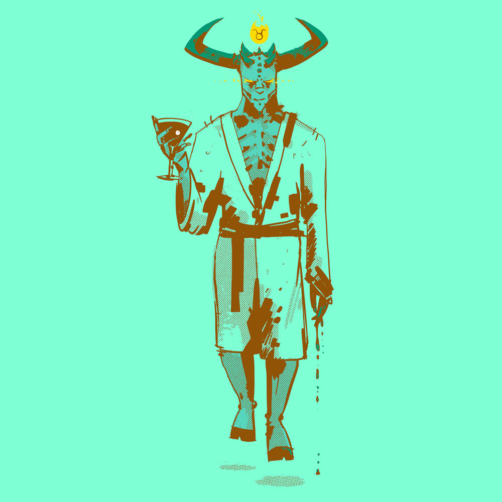 A demon like person with large horns walks towards the viewer. He is in a robe and drinking a Martini. Above his head a flaming Taurus symbol floats.