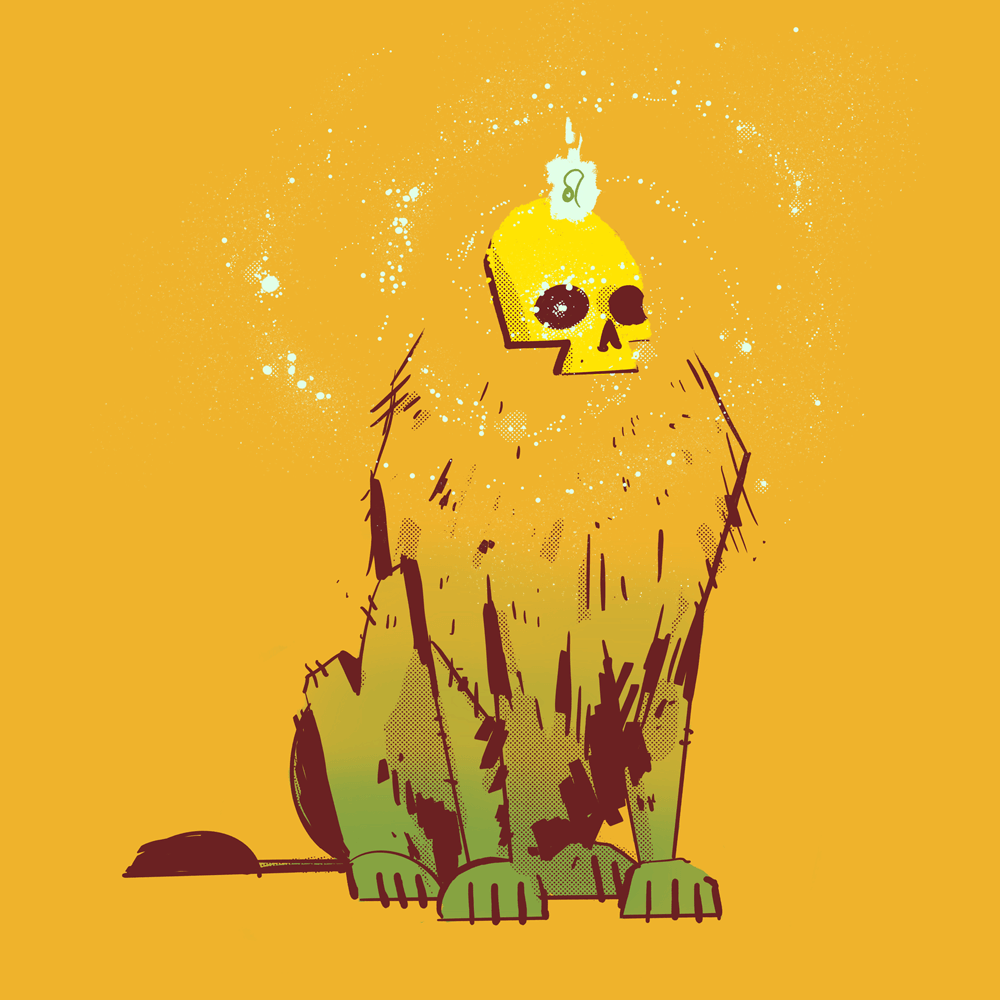 A lion with a floating human skull for a head sits upright. Around the skull is a galaxy.