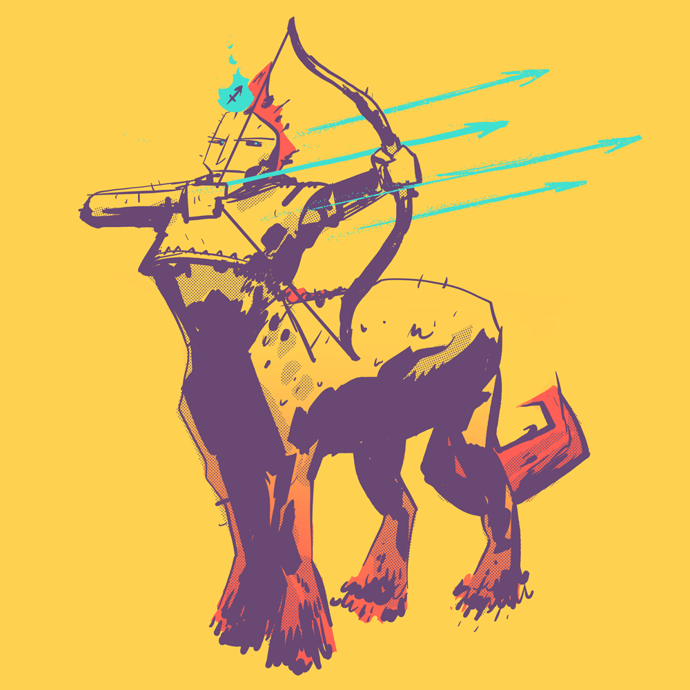 A centuar with a red mohawk is aiming a magical bow. A flaming Sagittarius symbol is above its head.