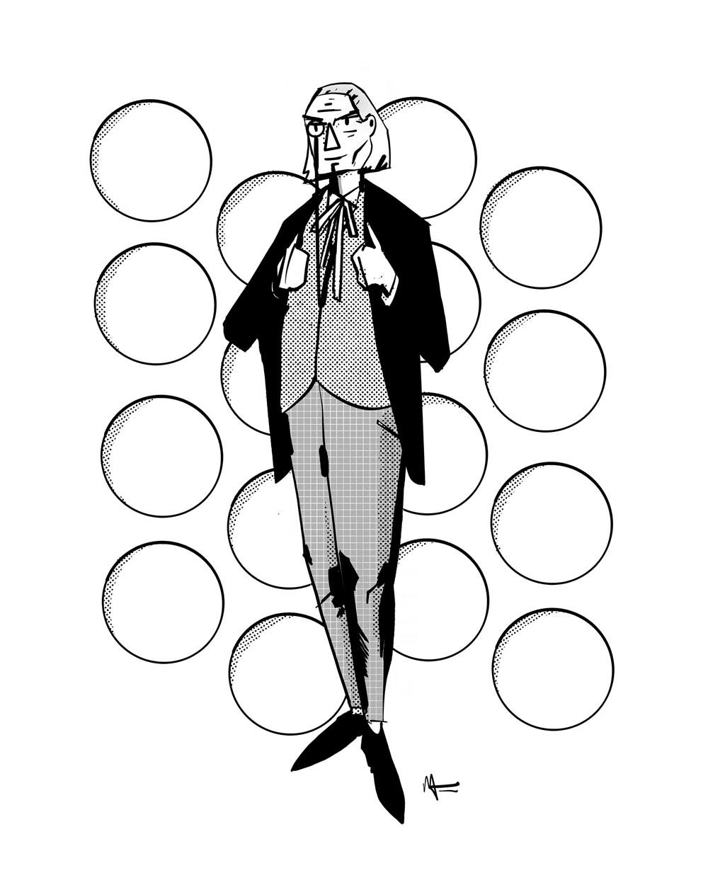The First Doctor Who, wearing a black jacket, plaid pants, and a monocole. He is holding his lapels.