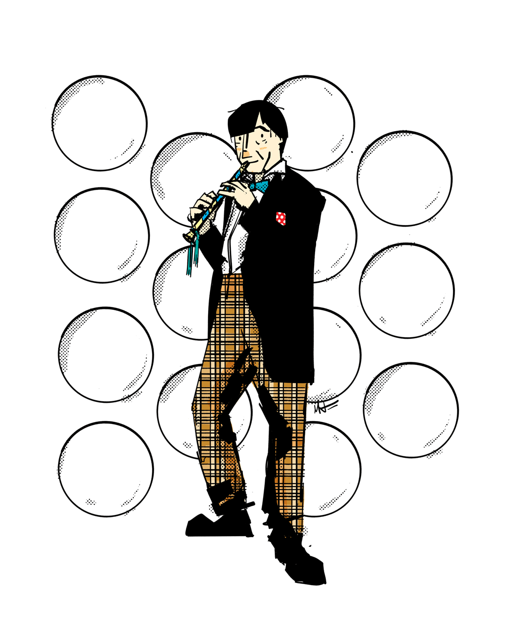 The Second Doctor Who, wearing a black jacket, a blue bowtie, and playing a recorder. He has a bowl-ish hair cut.