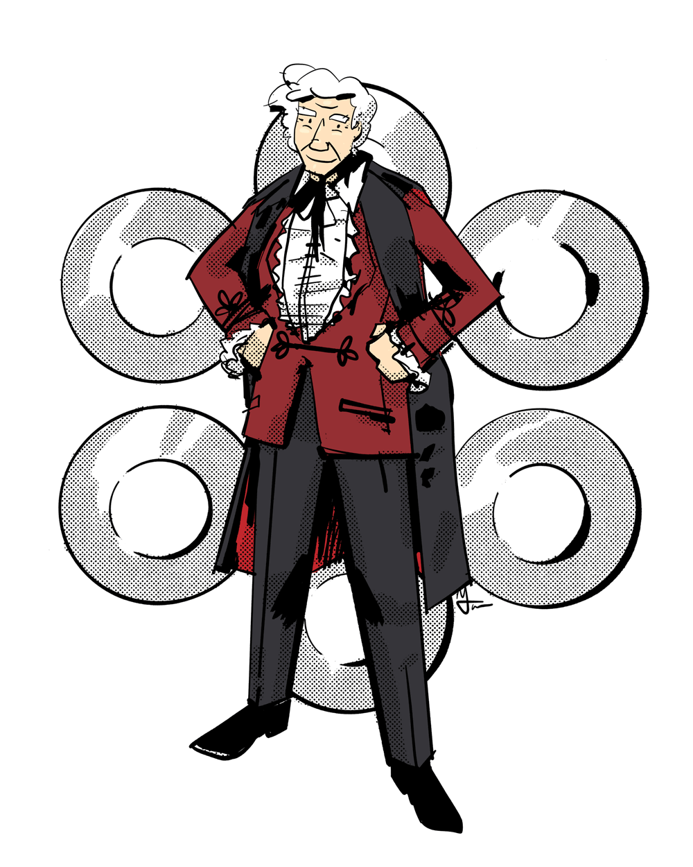 The Third Doctor Who, standing with hands on his hips. He has white curly hair and is wearing a red velvet jacket and a black cape.